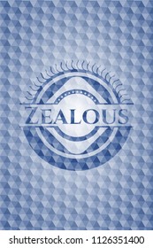 Zealous blue badge with geometric pattern.
