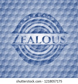 Zealous blue emblem with geometric background.