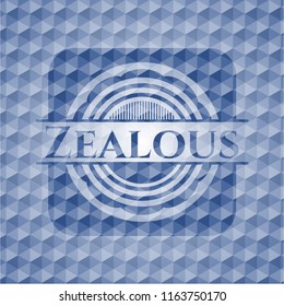 Zealous blue emblem with geometric pattern background.