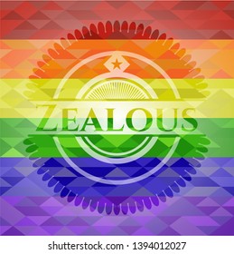 Zealous emblem on mosaic background with the colors of the LGBT flag