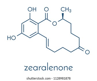 Zearalenone (ZEN) mycotoxin molecule. Produced by some Fusarium and Gibberella species. Skeletal formula.
