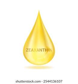 Zeaxanthin drop on white background. For design dietary supplement products. Natural extracts of marigold flowers. Help eyesight vision and healthy eye. Medical scientific. 3D Vector.