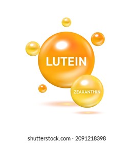 Zeaxanthin and Lutein. Food for good vision and healthy eyes. Selection of products to help improve eyesight. Medical scientific and healthcare concept. 3D Vector EPS10 illustration.