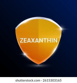 Zeaxanthin in translucent glass shield modern orange. Nutrients vitamins minerals. For design dietary supplement products. Medical maintain and protect your eyesight concept. 3D Vector.
