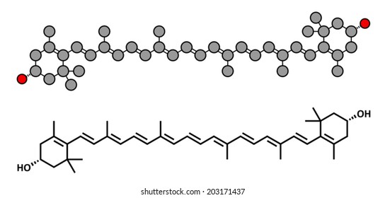 Zeaxanthin yellow pigment molecule. Responsible for color of bell peppers, corn, saffron, etc. Also plays important role in human eye (in the macula). Stylized 2D + conventional skeletal formula.
