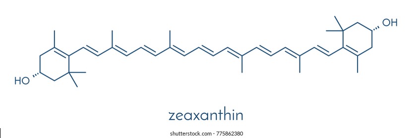 Zeaxanthin yellow pigment molecule. Responsible for color of bell peppers, corn, saffron, etc. Also plays important role in human eye (in the macula). Skeletal formula.