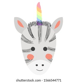Zebcorn. Hand drawn illustration of a cute funny zebra with a unicorn horn, Scandinavian style flat design. Concept for children print.