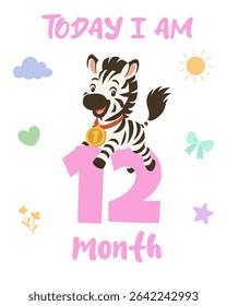Zebra 12 month milestone poster baby age card. Cute animal birthday design. Monthly growth sign for baby photo shoot.