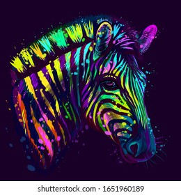 Zebra.  Abstract, neon, multicolored portrait of zebra head on a dark blue background with bright splashes of paint.