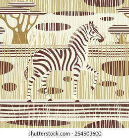 Zebra in african savannah. Seamless striped background. Vector illustration.