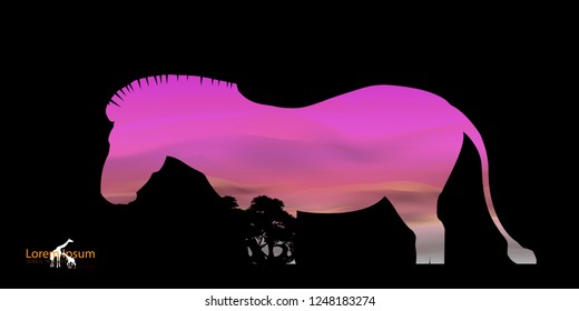 Zebra, African Wildlife Background. Nature Background. African savanna landscape. safari card. vector illustration. 