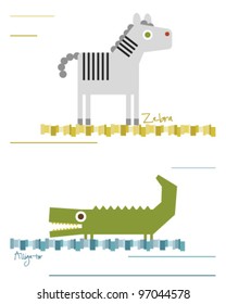 Zebra and alligator cartoon style
