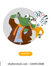 Zebra and alligator make selfie. humanized business animals characters team work.  