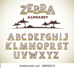 Zebra alphabet, vector font with wild pattern