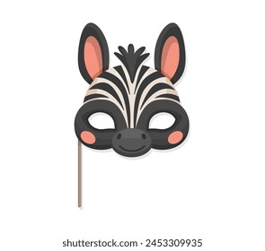 Zebra animal carnival party mask. Festival or birthday costume. Isolated vector photo booth prop, festive masquerade disguise of African striped horse head. Mak for kids entertainment celebration