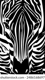 Tierdarstellung Zebra, Naturschutz-Vektorgrafik Schwarz und Weiß. Nur Zebrafrontalansicht des Kopfes. Ein Bild für ein Gemälde oder Poster