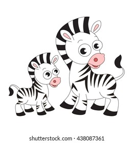 Zebra and baby cartoon. Outlined character with black stroke.