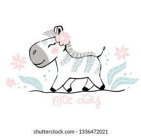 Zebra baby girl cute print. Sweet zoo. Nice day text slogan. Cool african animal illustration for nursery t-shirt, kids apparel, party and baby shower invitation. Simple child design. Summer time