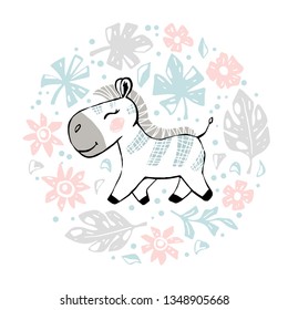 Zebra baby girl cute print. Sweet animal in round floral composition. Cool african illustration for nursery t-shirt, kids apparel, baby shower party invitation. Simple child summer design