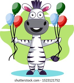 Zebra with balloons, illustration, vector on white background.
