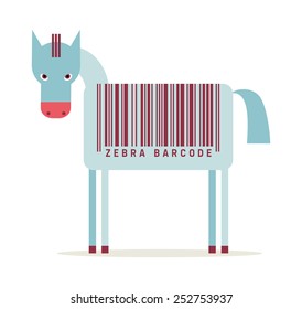 Zebra with barcode, simple cartoon vector illustration, flat style