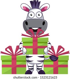 Zebra with birthday gift, illustration, vector on white background.