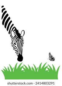 Zebra and butterfly on grass. Vector illustration for your design.