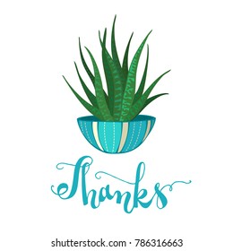 Zebra cactus. Cartoon cactus in blue flower pot on white background. Hand-written lettering "Thanks". Card template made in vector.