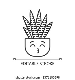 Zebra cactus cute kawaii linear character. Cactus with kissing face. Happy Haworthia. Home cacti in pot. Plant with smiling eyes. Thin line icon. Vector isolated outline illustration. Editable stroke