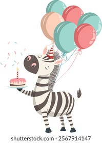 Zebra with cake and balloons in party hat. Cute vector children's illustration. Happy Birthday greeting