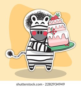 Cebra con una imagen vectorial de pastel, cumpleaños, animales, bollería, dulces, caricatura, postal, concepto