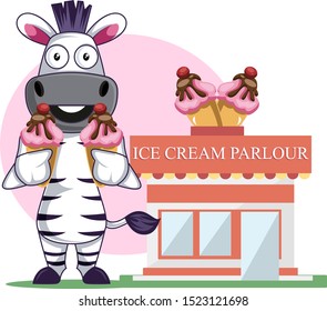 Zebra with cakes, illustration, vector on white background.