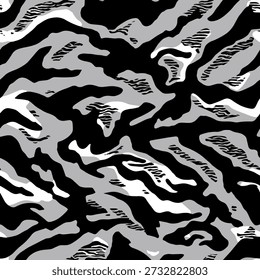 Patrón de camuflaje de cebra, patrón de repetición sin fisuras, escala de grises. Ilustración de tinta de Vector, patrón de repetición para el diseño de impresión de moda, tela, textil, papel de embalaje, fondo, Fondo de pantalla