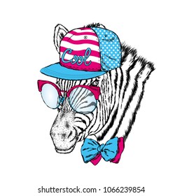 A zebra in a cap, glasses and a tie. Vector illustration.