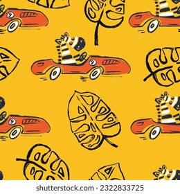 Zebra car race funny cool summer t-shirt seamless pattern. Road trip vacation print design. Beach sports tropical kids apparel, nursery wild jungle exotic wallpaper. Cartoon speed animal motif