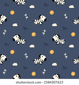 Zebra cartoon so cute. On moon cloud blue background. Pattern seamless vector illustration. 
