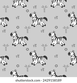Zebra cartoon so cute. On tree flower gray background. Pattern seamless vector illustration. 
