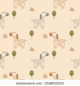 Zebra cartoon so cute. On tree mountain background. Pattern seamless vector illustration. 