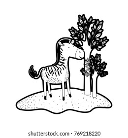 zebra cartoon in forest next to the trees in black silhouette with thick contour