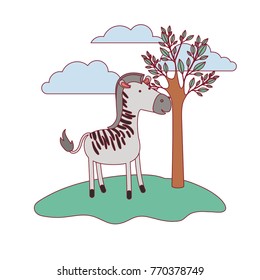 zebra cartoon in forest next to the trees in colorful silhouette with thin contour