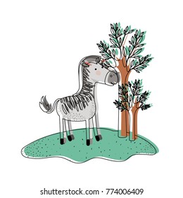zebra cartoon in forest next to the trees in watercolor silhouette