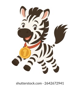 Desenho em forma de zebra com medalha de ouro. Ilustração de animal africano bonito. Personagem campeão zebra para crianças