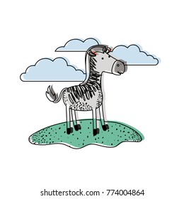 zebra cartoon in outdoor scene with clouds in watercolor silhouette