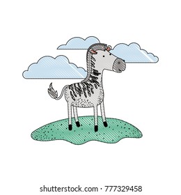 zebra cartoon in outdoor scene with clouds in colored crayon silhouette with thin contour