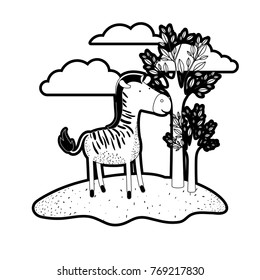 zebra cartoon in outdoor scene with trees and clouds in black silhouette with thick contour