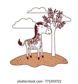 zebra cartoon in outdoor scene with trees and clouds in color sections silhouette