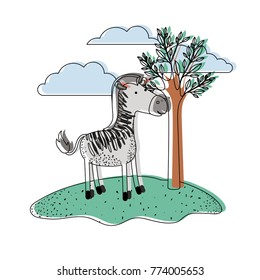 zebra cartoon in outdoor scene with trees and clouds in watercolor silhouette