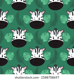 Zebra cartoon seamless pattern. Safari animal green background. Childrens vector illustration for fabric