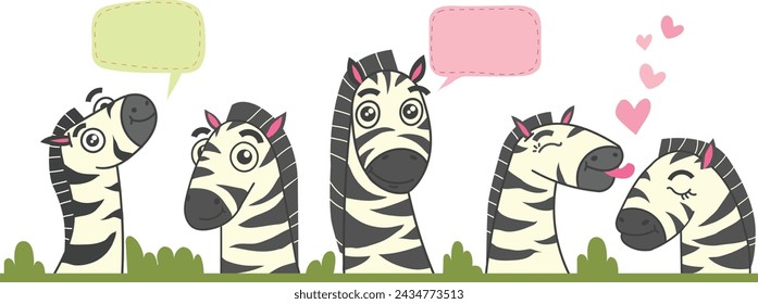 zebra cartoon set, zebra head in different poses,a happy zebra,cute,in love,a couple zebra,vector isolated set,goofy,cute,funny,and smiley zebra.