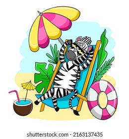 Cebra con estilo de dibujos animados en la playa, vector postal de verano
